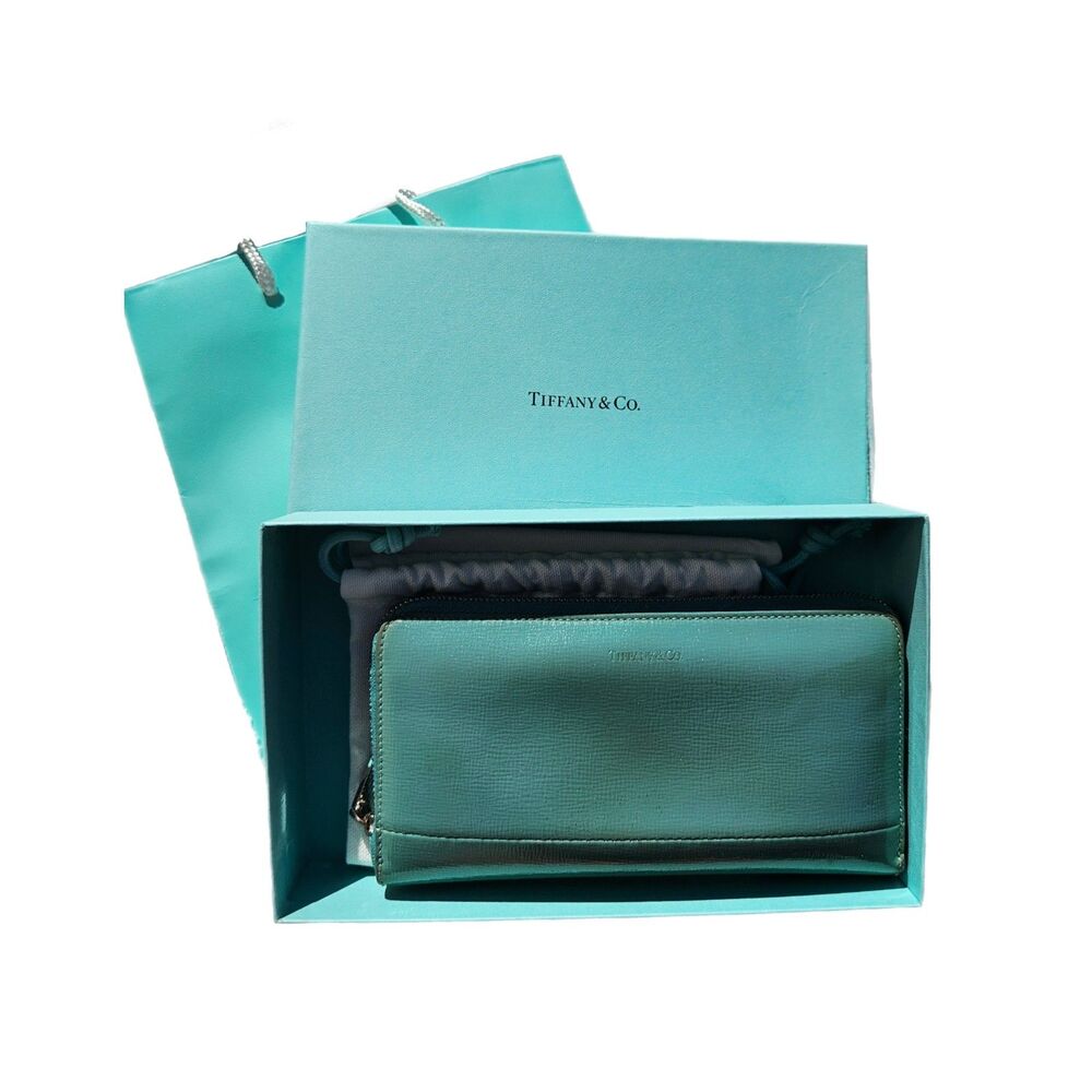 Tiffany & Co Wallet Blue Green Leather Zippy Long Wallet Box & Bag GUC